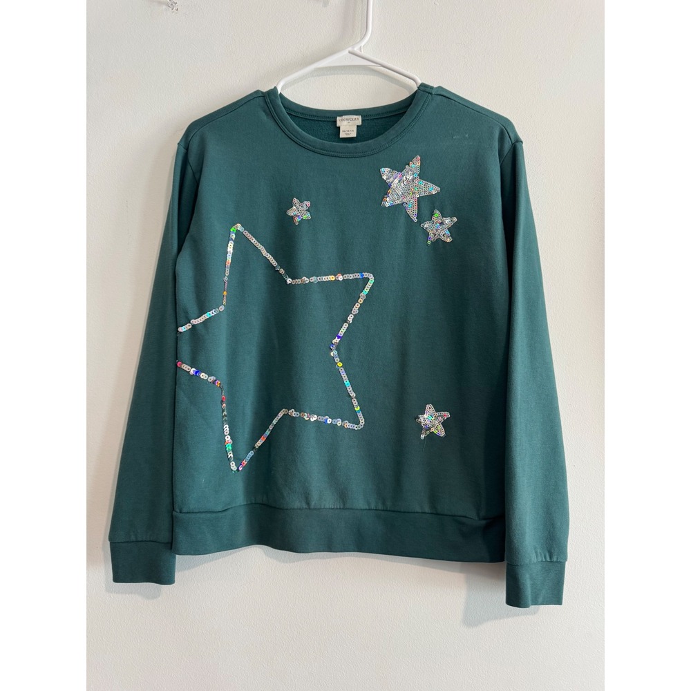 Crewcuts Sequin Star Sweatshirt Girls XL 12-14 Teal Green Iridescent Detail